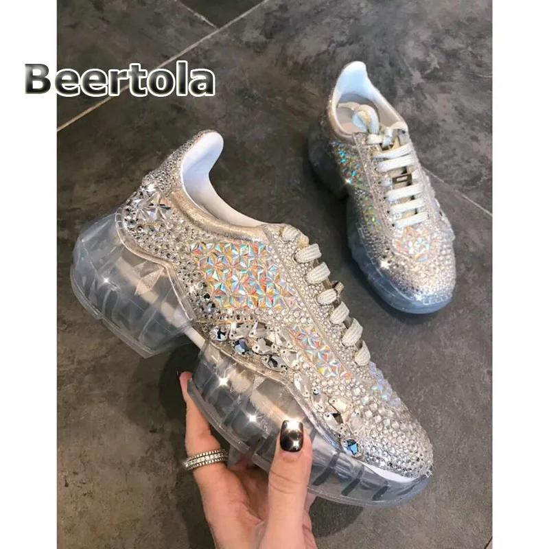 

Beertola Designer Sneakers Women 2019 Luxury Rhinestone Women Casual Shoes Silver Crystal Sneakers Fashion Women Sneakers
