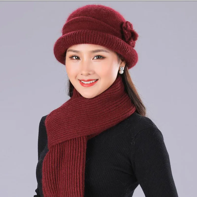 BING YUAN HAO XUAN, женская вязаная шапка с цветком, Одноцветный шарф и шапки, женские зимние толстые теплые шапки, шапки для женщин среднего возраста