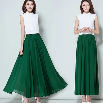 

Sale New Summer Women Quality Chiffon Casual Pleated Skirts Female Bohemian Beach Fashions Vestidos Long Maxi Skirts Calf Length