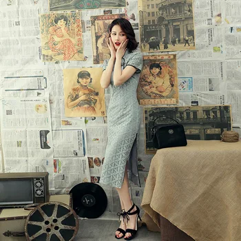 

Chinese Traitional Style Women Lace Embroidery Qipao Elegant Slim Evening Dress Rayon Short Sleeve Stage Show Cheongsam M-3XL