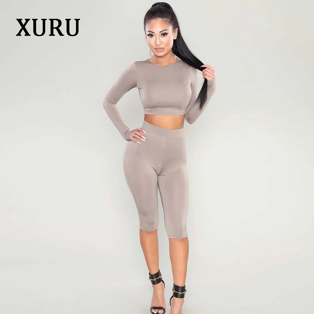 XURU Summer Playsuits Women Jumpsuit Rompers High Stretchy Solid Two Piece Set Long Sleeve Fitness Casual Rompers 2018 Summer 