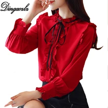 Dingaozlz Корейская Новая модная женская рубашка с оборками и галстуком-бабочкой, Повседневная шифоновая блузка, рубашка, элегантная блуза, женские топы