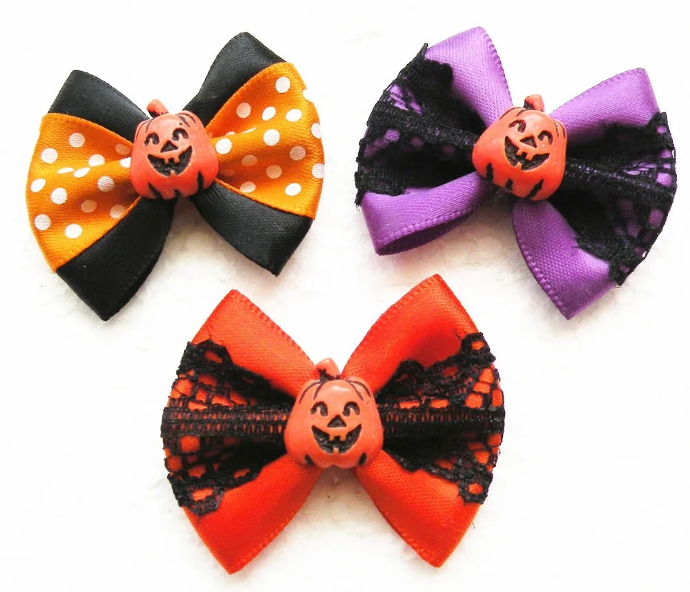 100PC/Lot Lovely Lace Ribbon Dog Bows Halloween Pumpkin Dog Grooming