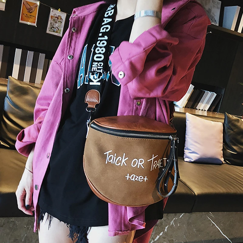 

Fashion Matte Leather Letter Printed Shoulder Bag with Letter Wide Strap 2018 Autumn and Winter Circular Crossbody Messenger Bag