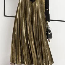 Весна Женская длинная металлическая Серебряная плиссированная юбка макси миди юбка высокая талия Elascity Повседневные Вечерние юбки
