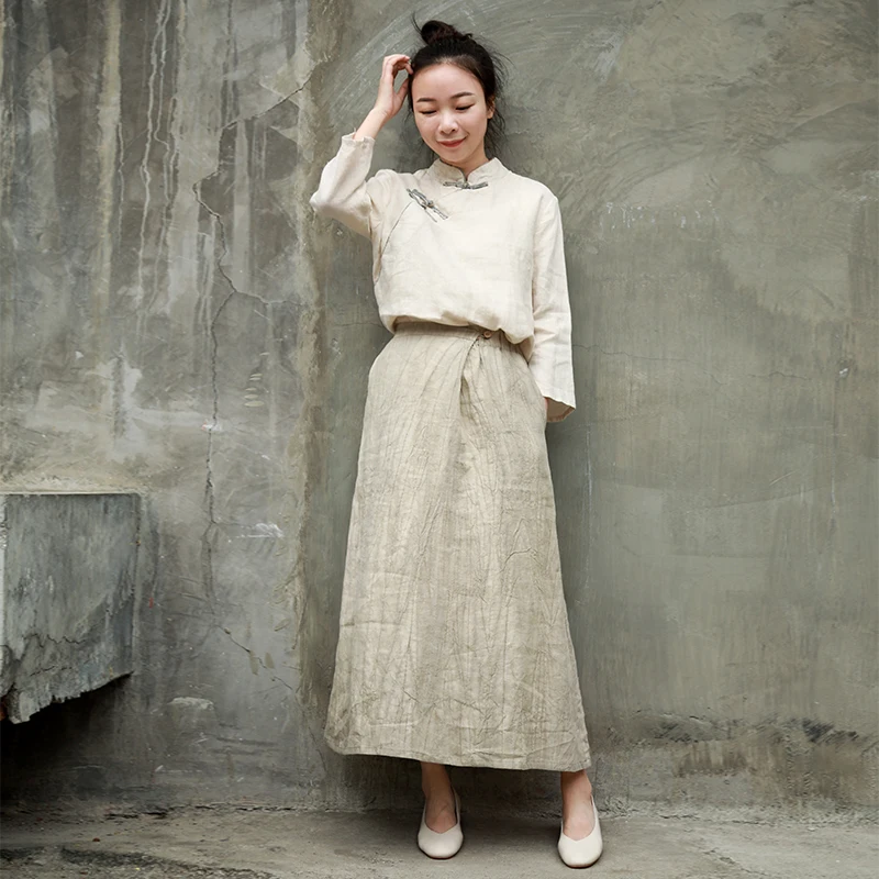 Women's Linen Chinese Style 34 Sleeve Blouse Qipao Top Shirt  (13)