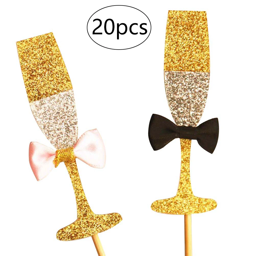 20Pcs Twinkling Golden Champagne Wine Glass Cake Toppers Bow Tie Shaped