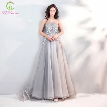 

SSYFashion New Banquet Elegant Grey Evening Dress Sleeveless Floor-length Lace Appliques Formal Party Gown Robe De Soiree