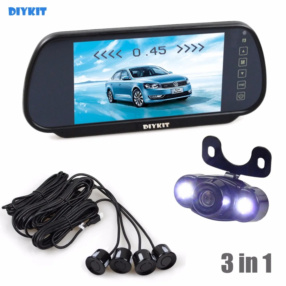 

DIYKIT Video Parking Radar 4 Sensors + 7 inch Build-in LCD Display Mirror Car Monitor + 4 x LED Night Vision HD Rear View Camera