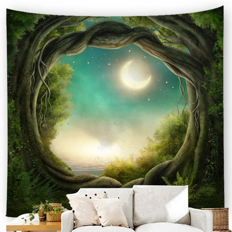 Large Size Wall Tapestry Fantasy Forest Fairy Tale World Wall Hanging Art Carpet Blanket Yoga Mat Decoration Green Tapestry