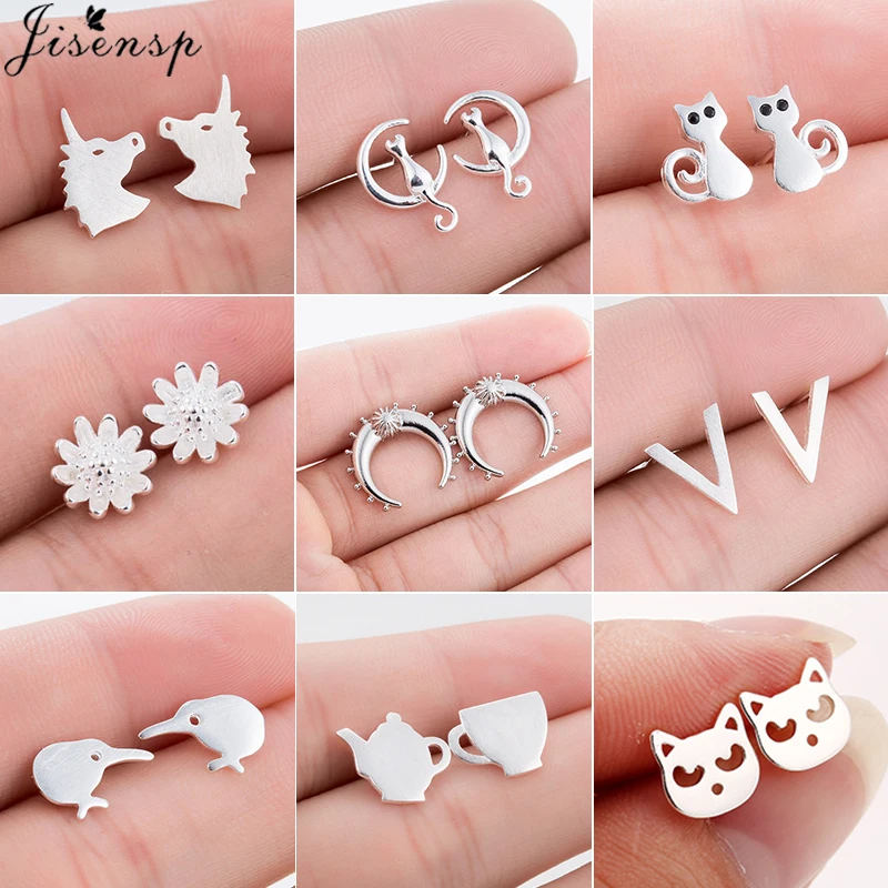 

Jisensp Trendy Cute Animal Stud Earrings for Women Everyday Jewelry Earrings Geometric Cat Moon Bird Earings aretes de mujer