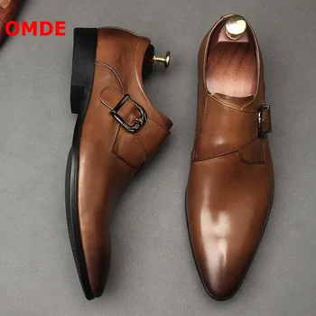 

OMDE Genuine Leather Monk Strap Men Shoes Fashion Pointed Toe Dress Shoes Business Formal Shoes Slip On Men's Wedding Shoes