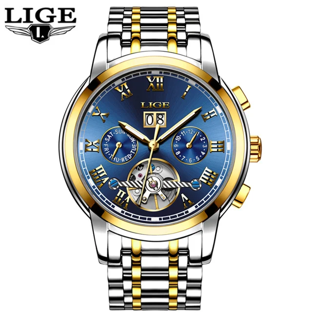 Топ люксовый бренд LIGE мужские s часы автоматические механические часы мужские полностью стальные бизнес водонепроницаемые спортивные часы Relogio Masculino - Цвет: Gold Blue
