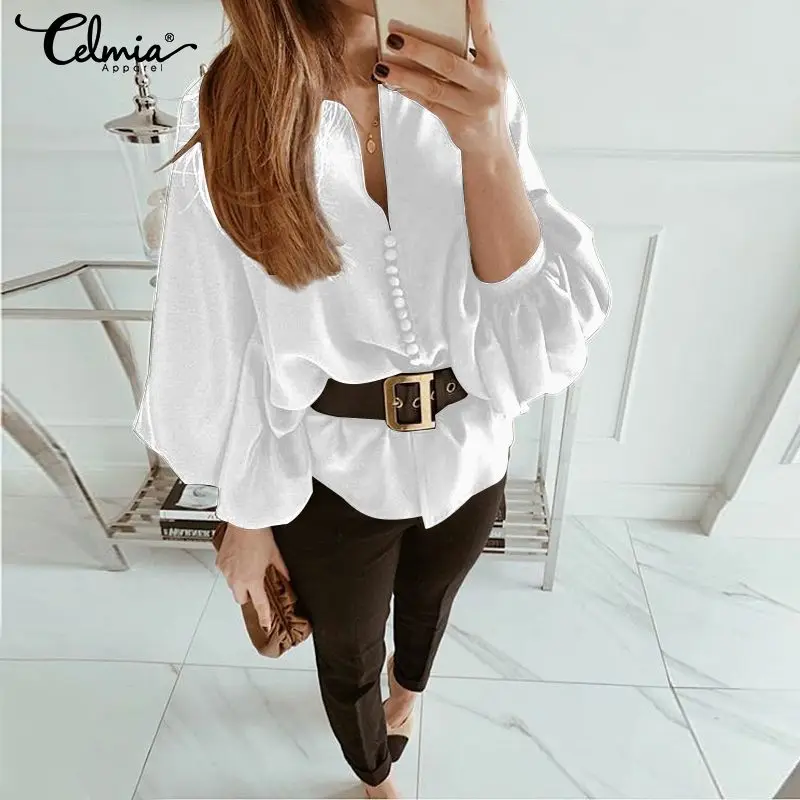 

Celmia Elegant Women Blouse 2019 Autumn Sexy V-Neck Long Sleeve Shirts Casual Solid Loose Buttons Work Blusas Feminina Plus Size