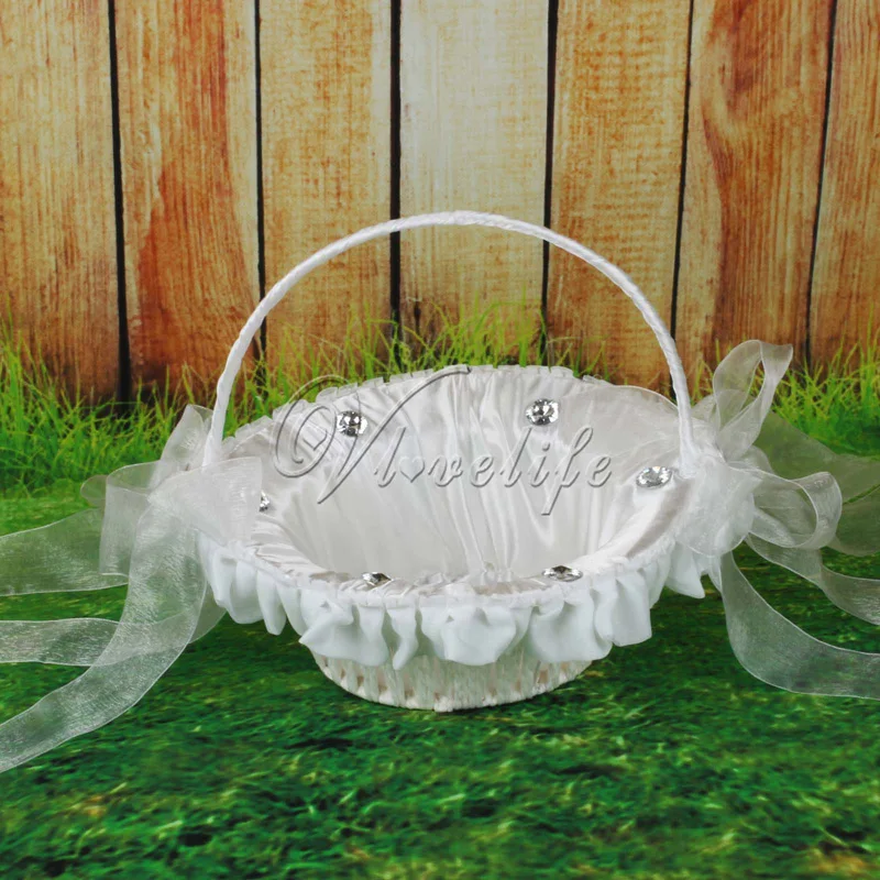 White Wedding Basket For Flower Girl Basket With Satin Ribbons