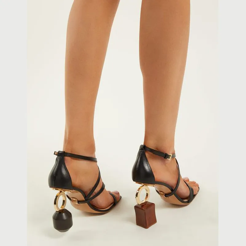 Luxe Taille Piste Véritable Chaussures Sandales Chunky 41 Talon Picture Cuir Femmes Irrégulière Talons Style As Étrange De Picture Marque as Haute Nouveauté En T5xwq605