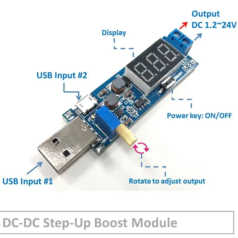 

5A DC-DC Adjustable Step-up Boost Module USB Input 5V Convert to 9V12V24V for LED Dimmer Car Vehicle Smartphone Power Supply