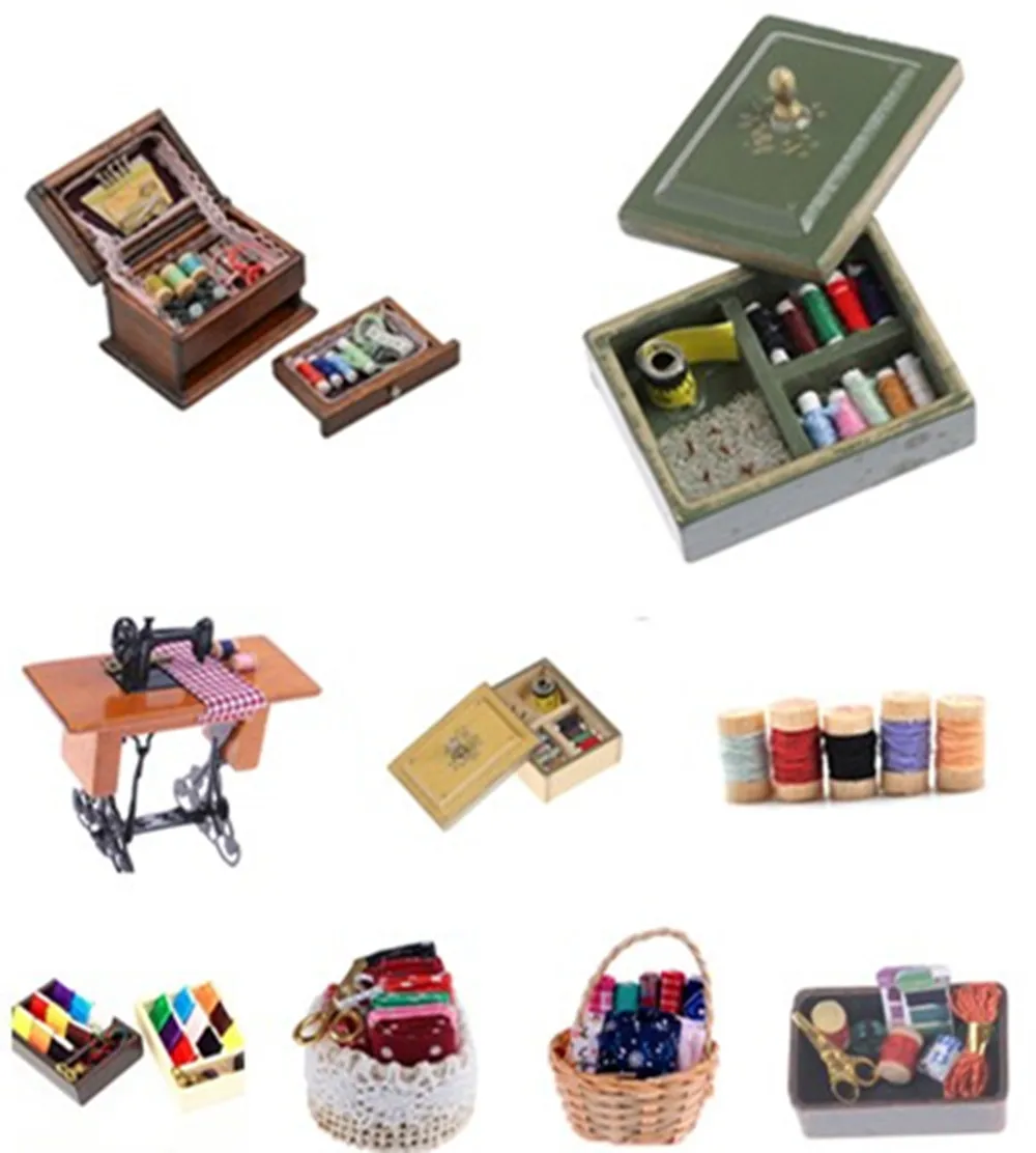 

1:12 Miniature Kids Dollhouse Decor Furniture Wooden Sewing Machine Thread Scissors Accessories for Dolls House Toys for Girls