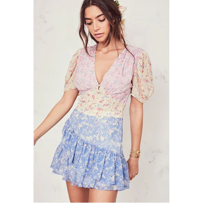 Boho loveshack summer dresses v neck ruffles slim silk-like holiday ins bloggers patchwork special interest mini dress pleated