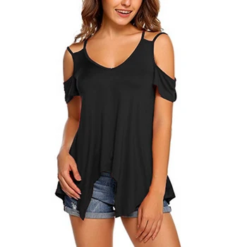 

New Women Solid Color Shirt Summer Sexy V-Neck Off Shoulder Tops Tees Female Sling Shirt Casual Tops