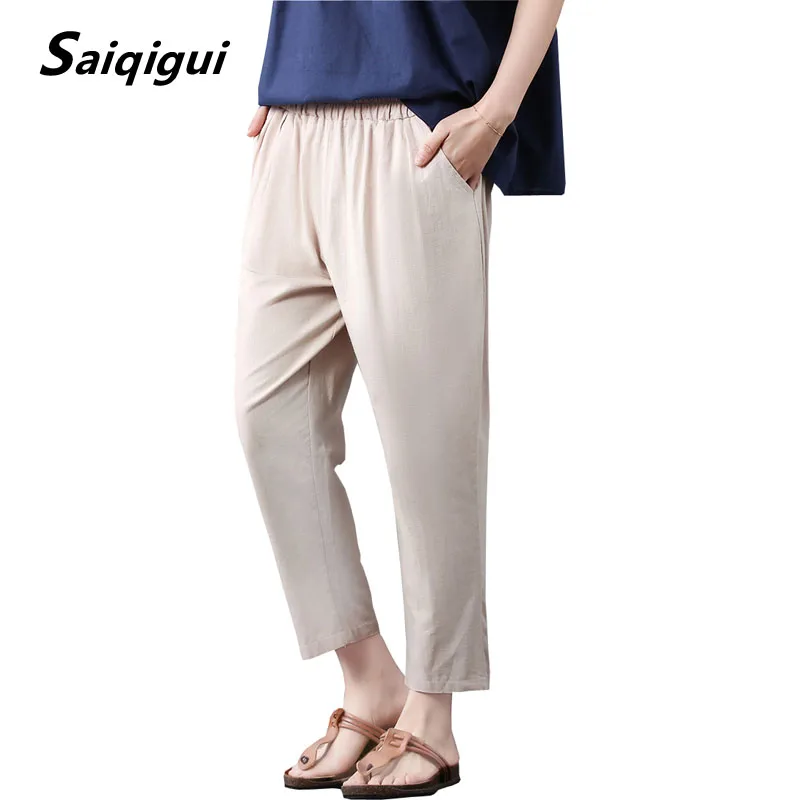 Saiqigui 2019 весна лето женские брюки до щиколотки с эластичной талией повседневные свободные хлопковые льняные брюки винтажные шаровары