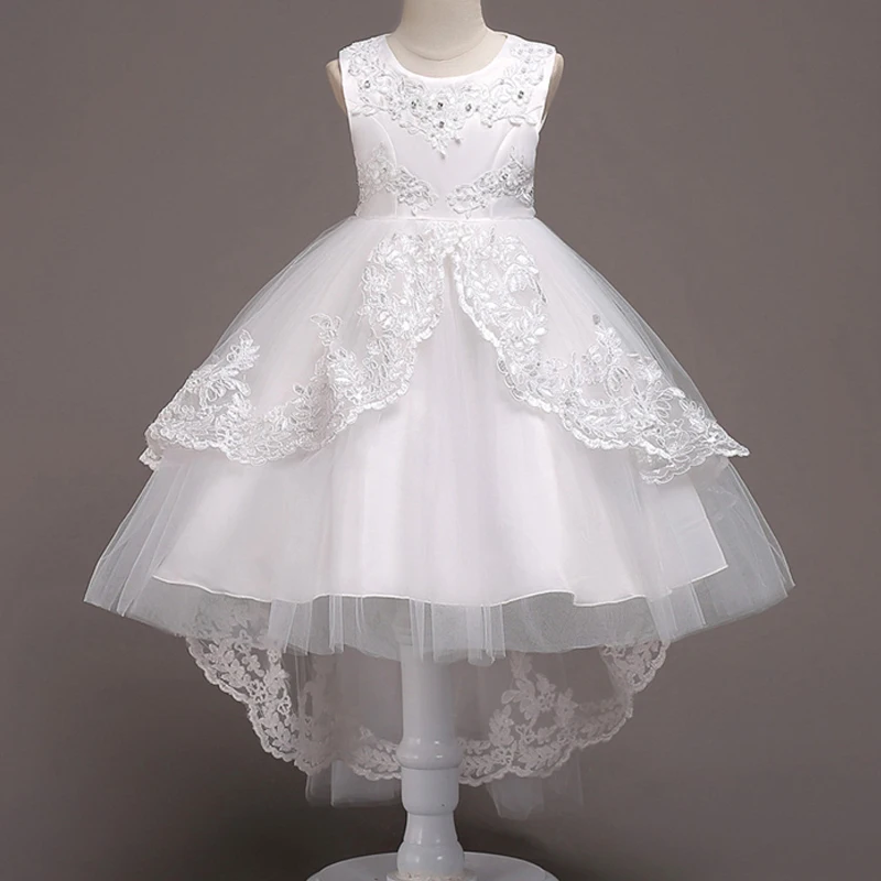 

2018 Summer Kids White Dress Communion Fancy Flower Girls Blue Pink Princess Lace Trailing Dress for Wedding and Party Clothes