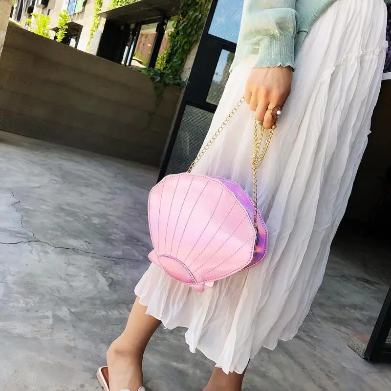 

Fashion Shell Shaped Shoulder Messenger Handbags Laser PU Leather Women Casual Chain Glossy Crossbody Bags