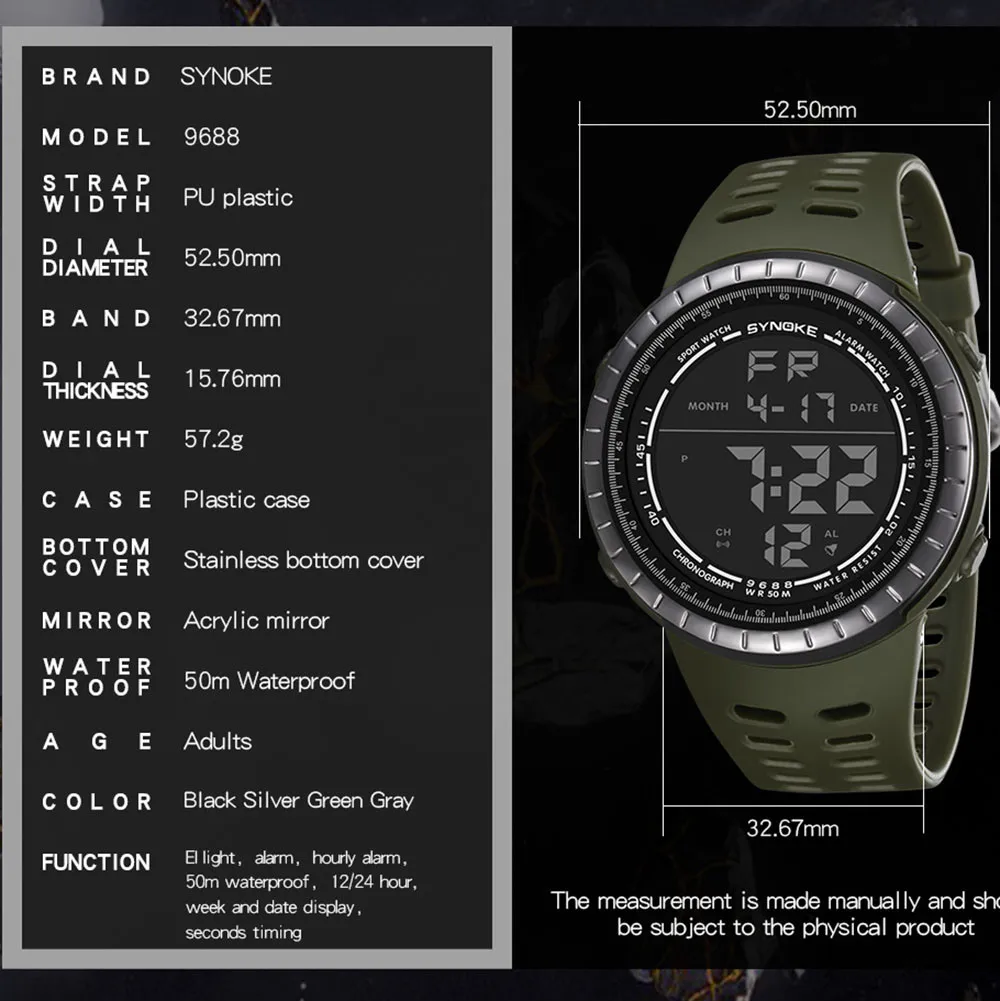 SYNOKE многофункциональные 50 м водонепроницаемые часы светодиодный цифровые часы двойного действия электронные часы цифровые часы модные gif мужские watc