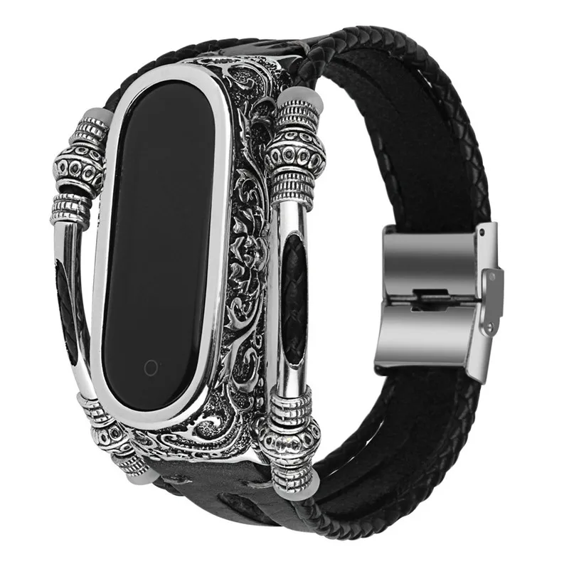 Смарт аксессуары HIPERDEAL 230 мм ремешок для Mi Band 4 кожаный на запястье + металлический
