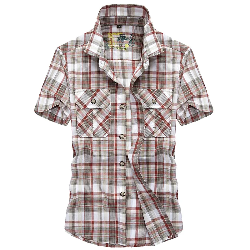 AFS JEEP брендовая одежда, летняя Клетчатая Мужская рубашка, военные повседневные рубашки с коротким рукавом, мужские хлопковые рубашки с отложным воротником, Camisa masculina