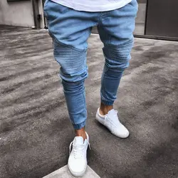 Плиссированные узкие брюки для байкеров черный синий 2019 джинсы Для мужчин Проблемные Джинсы джинсовые брюки для мужской slim fit в стиле