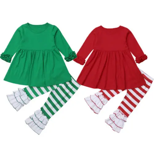 2018 Pretty Christmas Kids Girls Lace Ruffles Outfits Solid Long Sleeves Top Dress Striped Cotton Flared Pants 2Pcs Sets 2-7Y