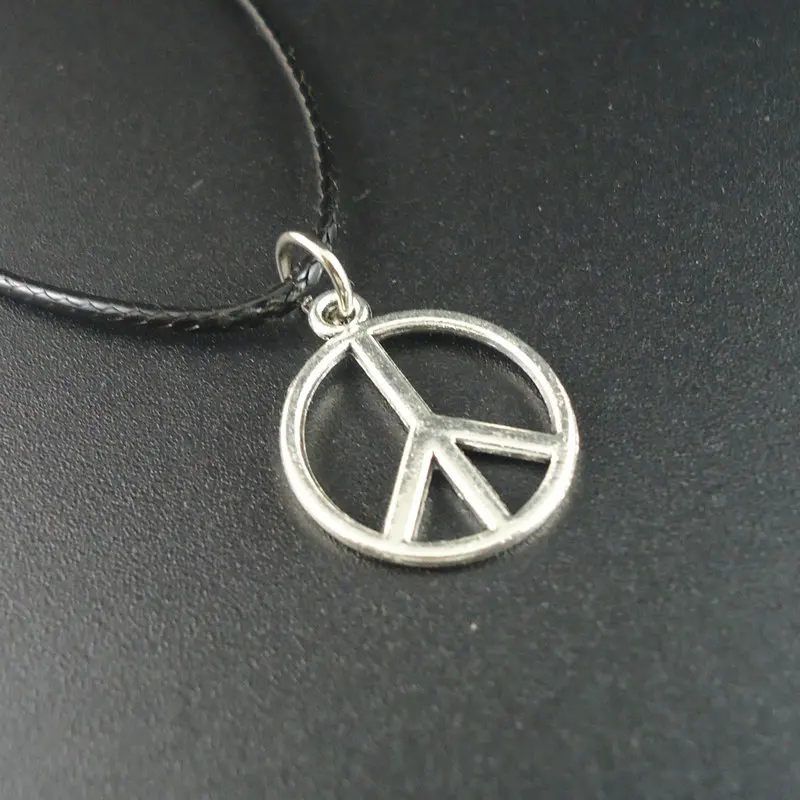 

Hot Sale Collar Vintage Leather Alloy World Peace No War Small Pendants Necklaces for Women 2016 Men Jewelry Accessory