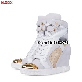 

Gold Metal Toe Cut-out Wedge Women Casual Shoes Rome Style Crocodile Leather Leisure Shoes Cool Designed Motorcycle Boots Shoes