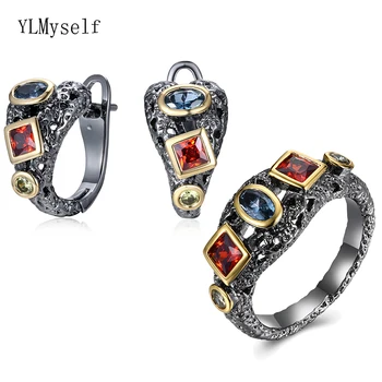 

New look charming earring ring 2pcs set Blue Olivine red stone Black gold plate fantastic jewelry irregular vintage jewelry sets