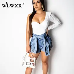 WLWXR уличная Bodycon Джинсовые шорты Для женщин 2019 одноцветное повязка с высокой талией джинсовые шорты для женщин Повседневное узкие