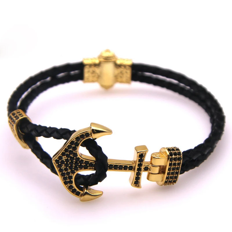 

High Quality Men Male Business Genuine Leather Anchor Bracelet Micro-zircon Black Leather Unisex Couple Bracelets for Female