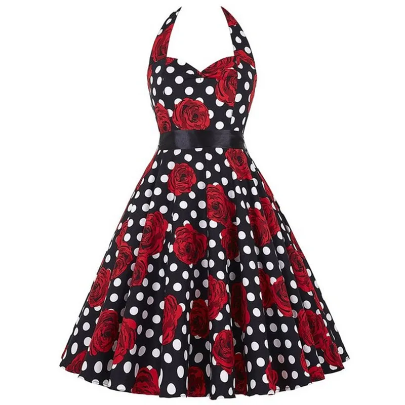 New Exposed Chest Zipper Wave Point Backless Dress Retro Rose Summer