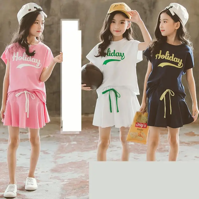 

2019 Teenager Girls Outfits Kids Clothes Sets 2 Pcs T Shirt + Skirts Summer Child Toddler Girls Clothing Suits Ensemble Fille 12