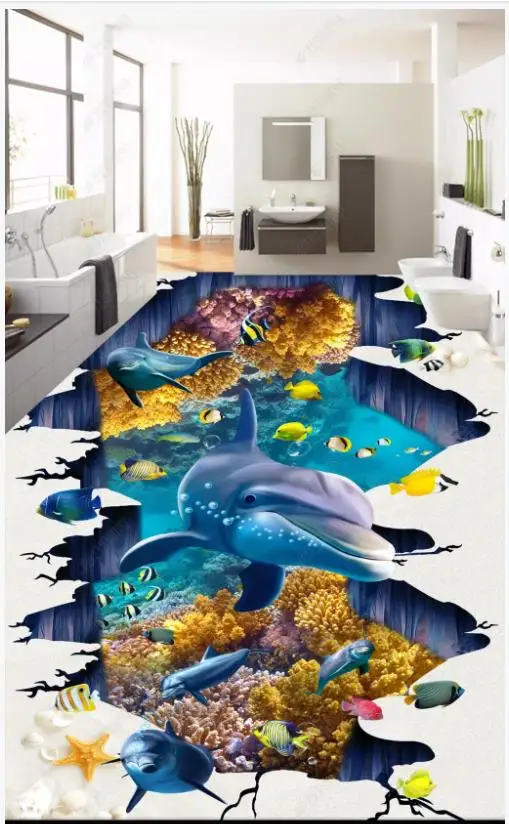 

Custom photo wallpaper 3d Flooring painting wallpaper Underwater World Dolphin murals 3D Flooring painting wall Stickers
