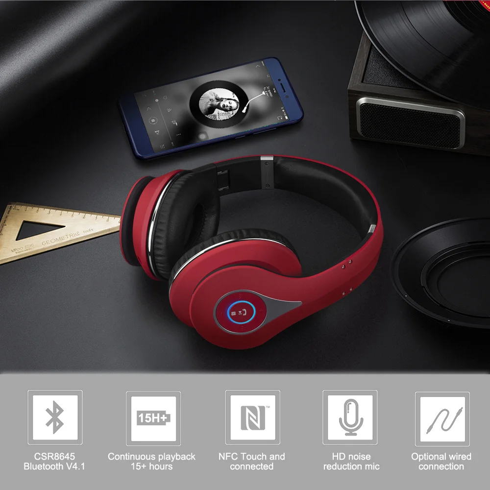 August EP640 Wirelees Stereo Headset with NFC,Red