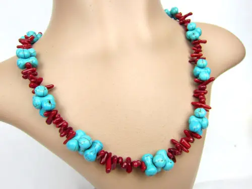 

huij 004720 Handmade Turquoise + Red Real Coral Beads Necklace Jewelry New Hot