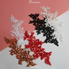 3 pares/6 Pcs Glitter Vermelho Rendas Applique Flor de Lantejoulas Tecido de Renda Para O Casamento de Vestuário Acessórios de Pano DIY Craft 25X10.5cm SX291