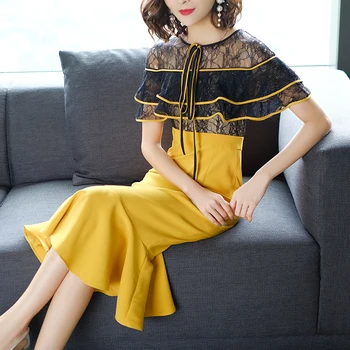 

Summer new European fashion lace dress fishtail woman vintage princess style outfit vestidos slim yellow dresses party clothes