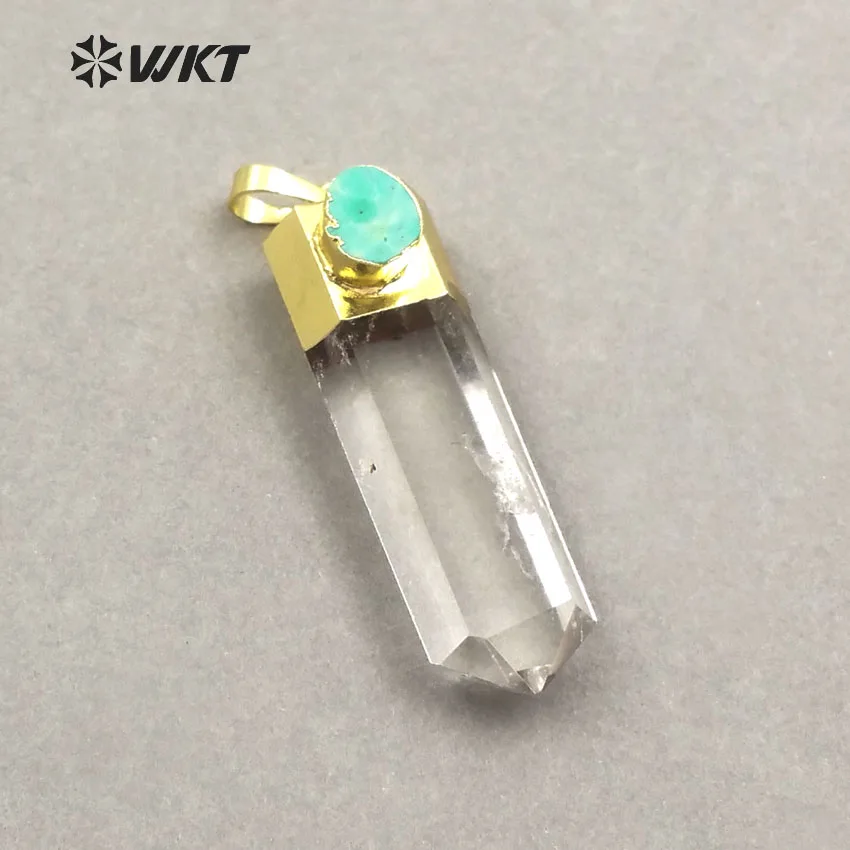 

WT-P1405 WKT Wholesale Natural Quartz Crystal with Green Stone pendant Charm Pendants Necklace Lady Girl Long Point Random Size