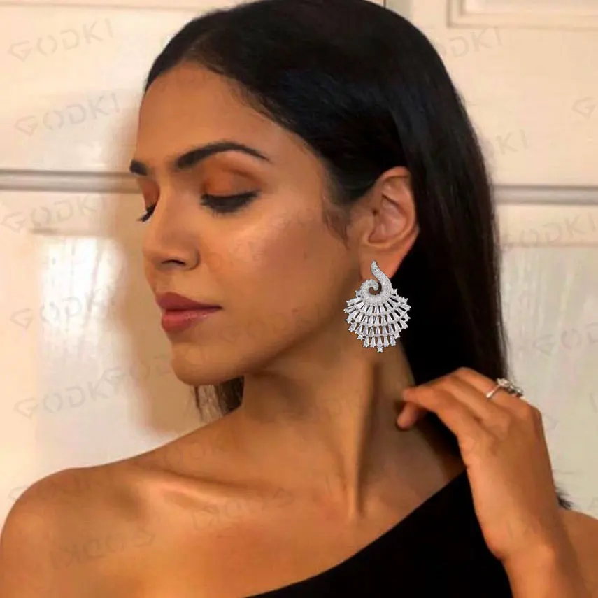 

GODKI 49mm Trendy Luxury Spring Snail Silver Stud Earring for women Wedding Cubic Zircon CZ Dubai Bridal Earring Bohemia Hot2019