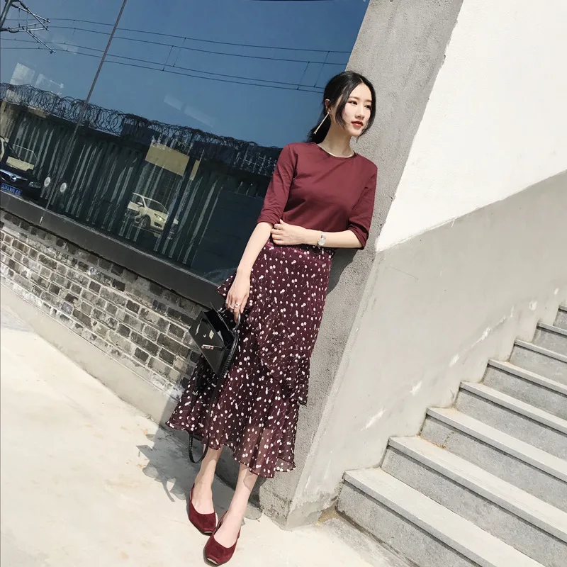 

The new red fairy two-piece holiday dress high waist chiffon floral dress free shipping