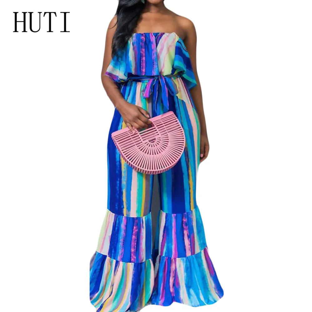 

HUTI Blue Retro Wide-leg Wrapped Chest Vertical Print Ruffled Jumpsuits Sexy Off Shoulder Loose Playsuits Women Vintage Wear