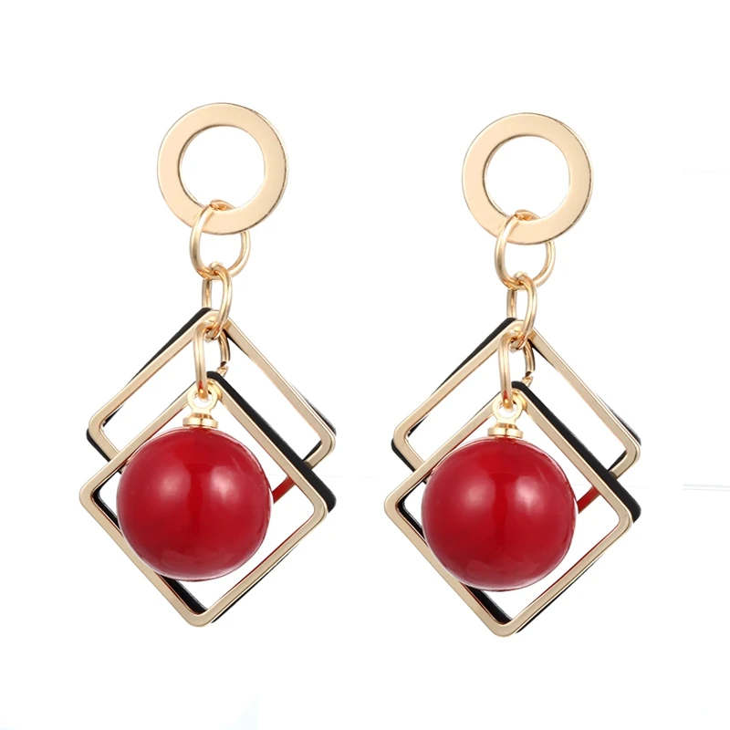

2019 Korean Trendy Geometric Square Gold Summer Earrings Red White Pearl Dangle Drop Earrings for Women Accessories Oorbellen
