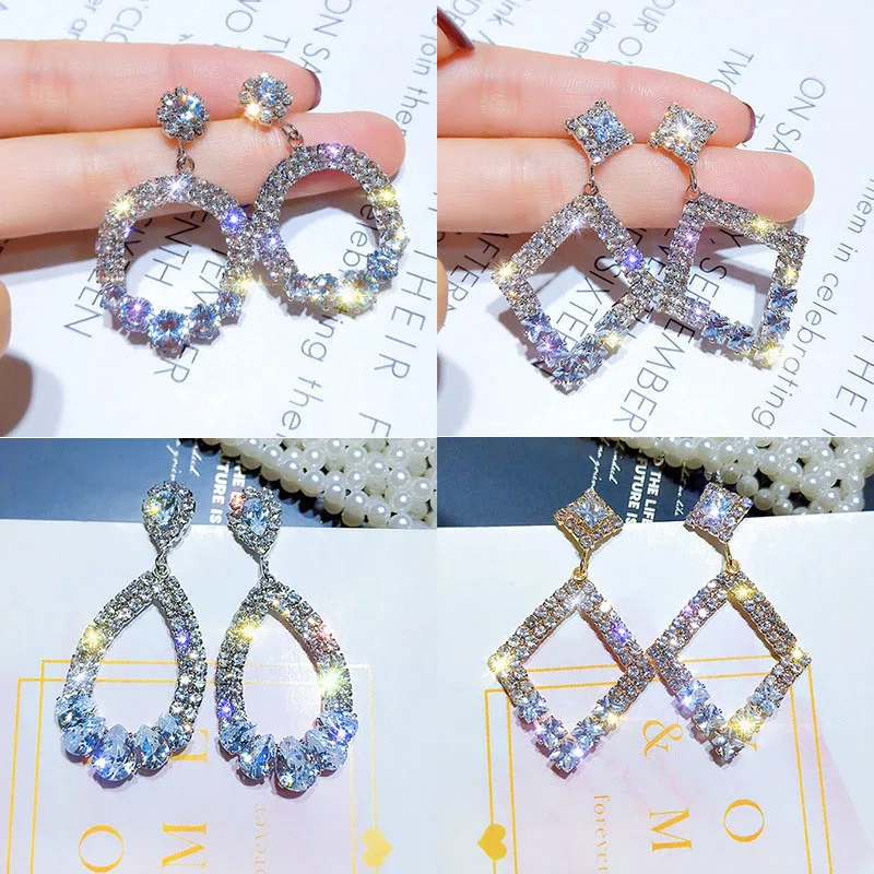 

Geometric Rhombus Crystal Earrings Luxury Shiny Water Drop Shape Wedding Earrings Statement Jewelry Round Loop Dangle Earings